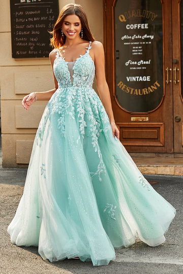 Mint Ball-Gown maniche staccabili in rilievo Prom Dresses con appliques